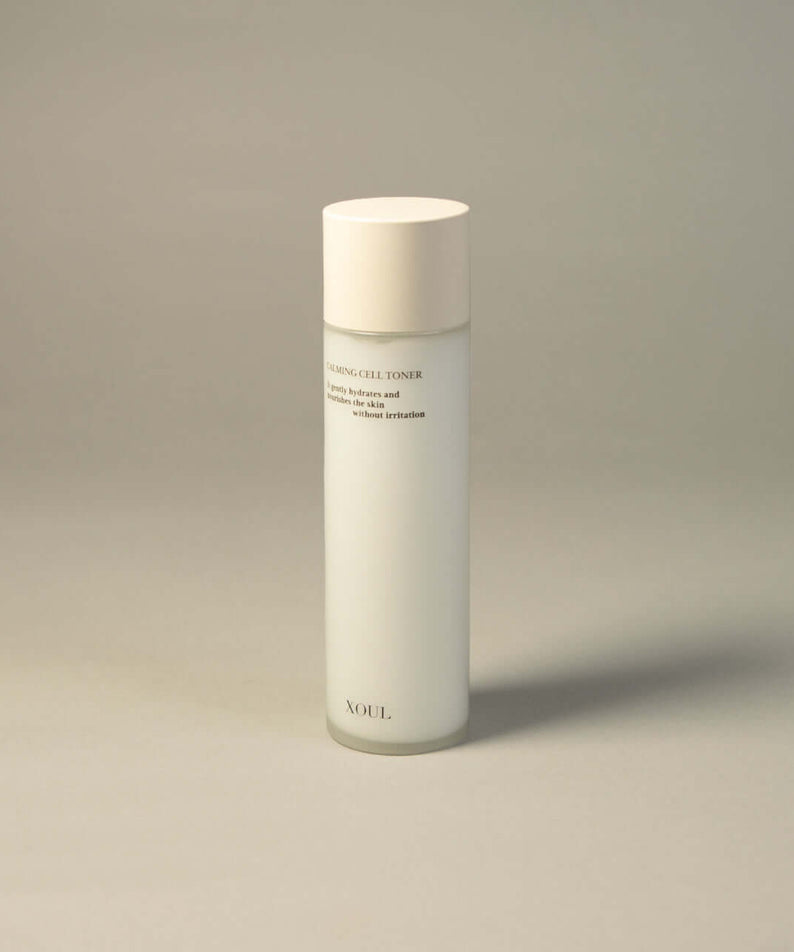 XOUL Calming Cell Toner 130ml in white bottle with beige cap, isolated on light background. XOUL Calming Cell Toner 130ml product image.