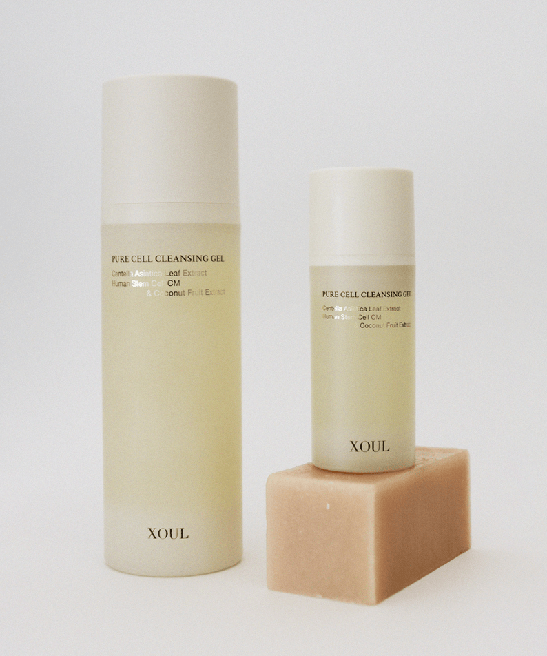 XOUL Pure Cell Cleansing Gel 130ml bottles displayed on soap bar showcasing skincare product