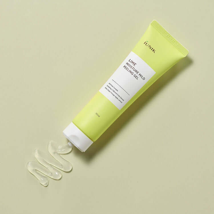 iUNIK Lime Moisture Mild Peeling Gel 90ml tube on a light green background showing gel texture.