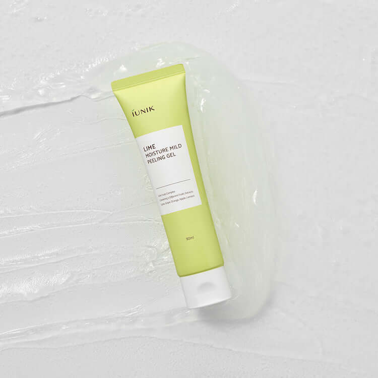 iUNIK Lime Moisture Mild Peeling Gel 90ml tube on a textured white surface